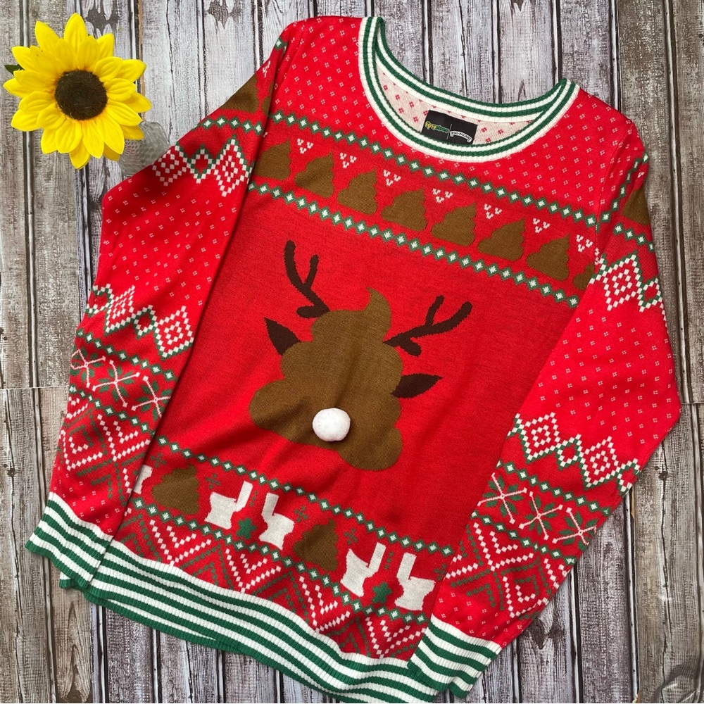 Tipsy Elves red Poo-Pourri ugly Christmas sweater size Large